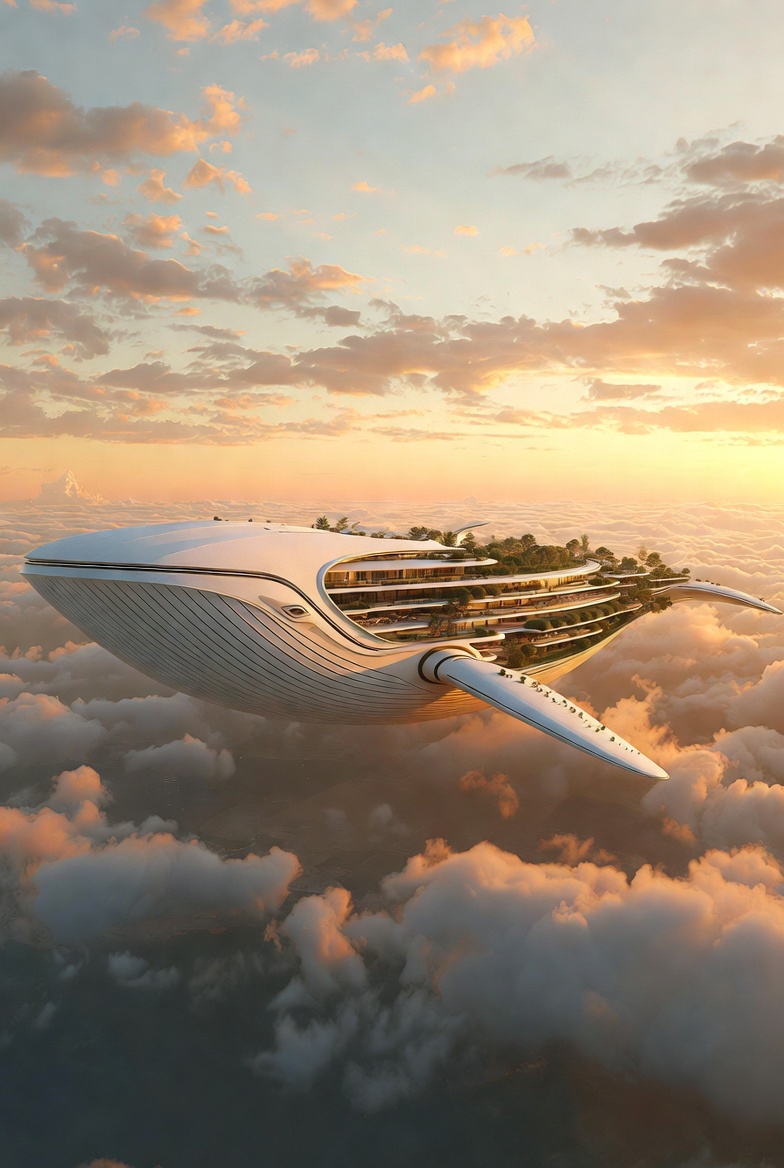 天空を舞うクジラ型GX飛行客船：次世代スマートシティの象徴